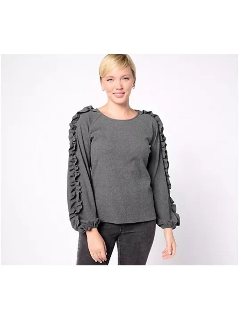 Studio Park x Shawn Killinger Top Size Large Ribbed Knit Ruffle Sleeve Charcoal